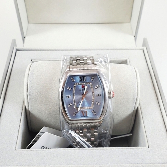 Michele Accessories - Michele Silver-Tone Watch with Blue Dial and Crystal Accents